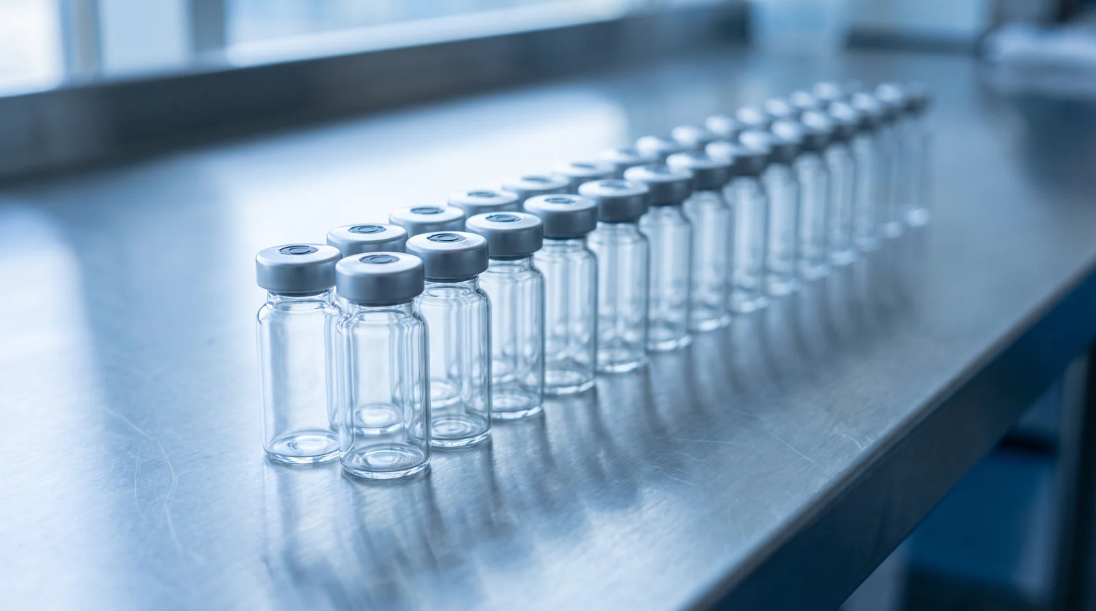 Unlabelled glass vials on a laboratory bench in cool blue light.