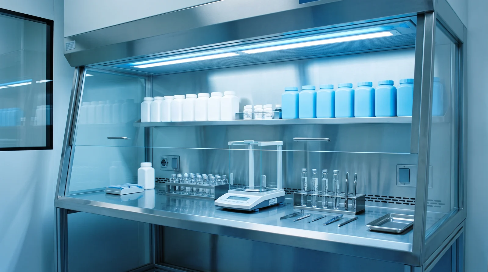 A clean compounding pharmacy bench with a laminar flow hood and labelled containers.
