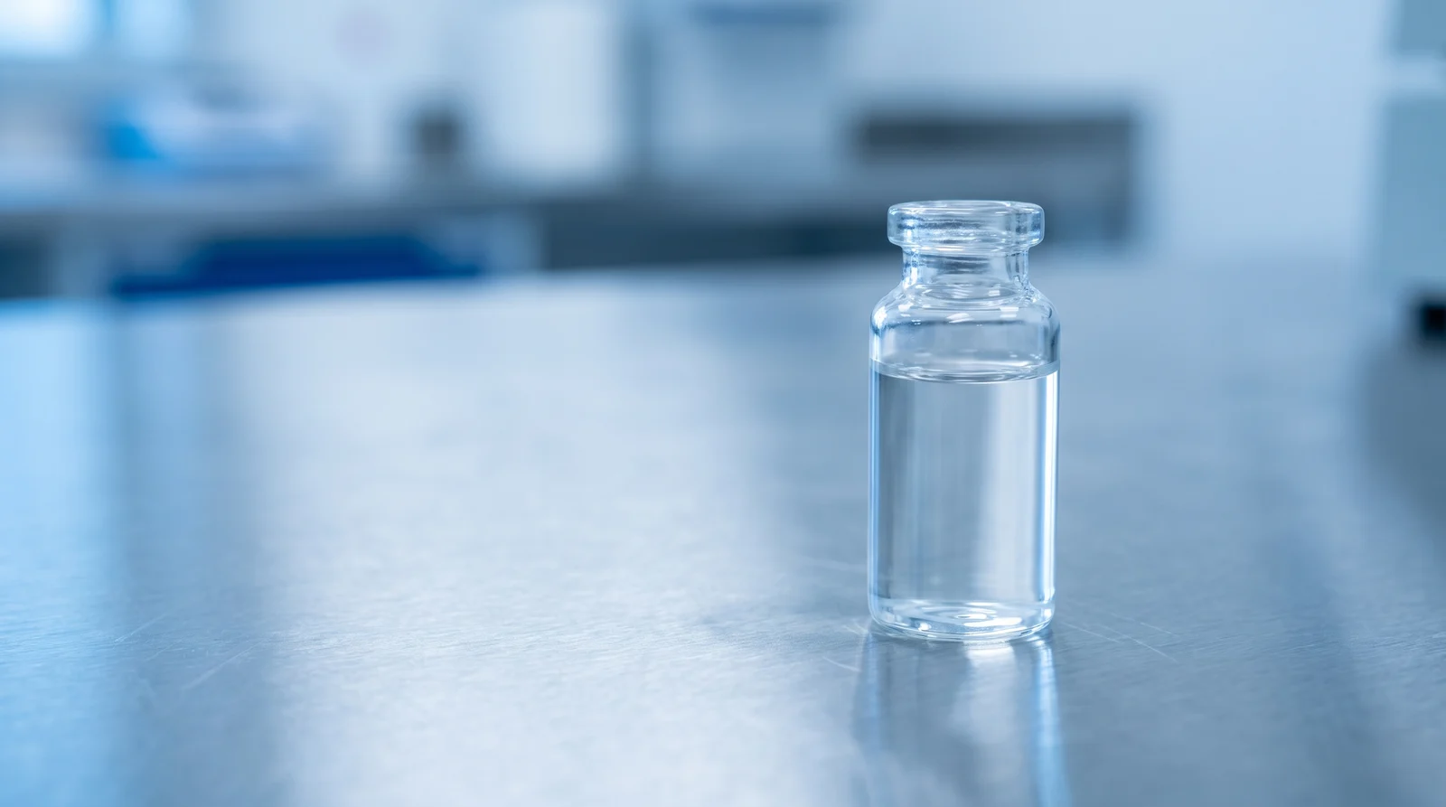A single unmarked glass vial of clear solution on a stainless bench in cool blue light.