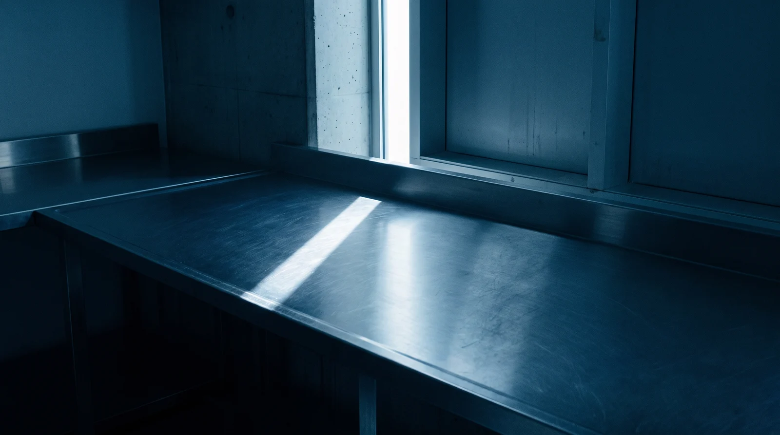 A narrow shaft of daylight across an empty pharmacy bench, the rest of the frame in shadow.