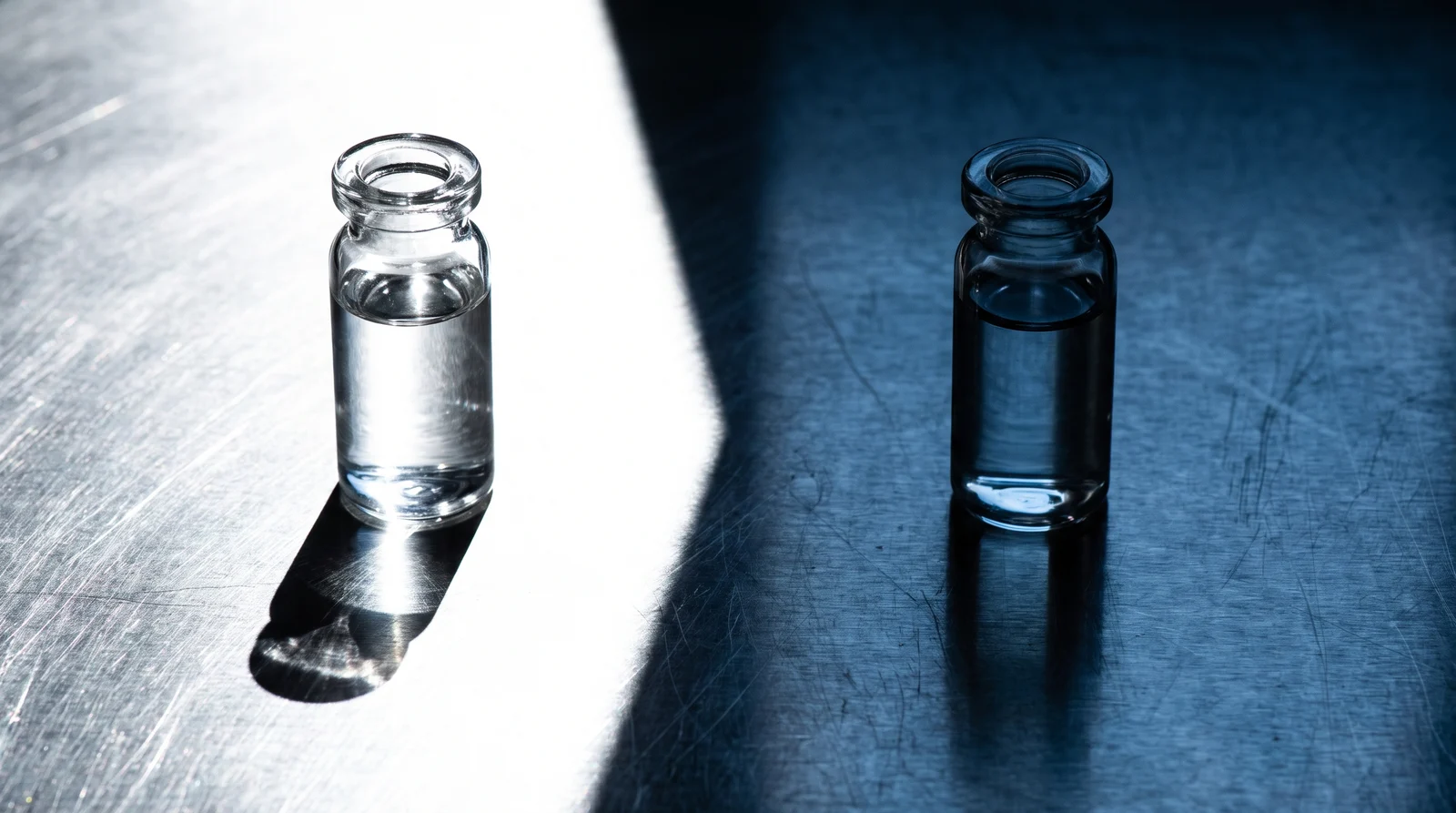 Two identical unmarked vials on a stainless surface, one in harsh light and one in shadow.