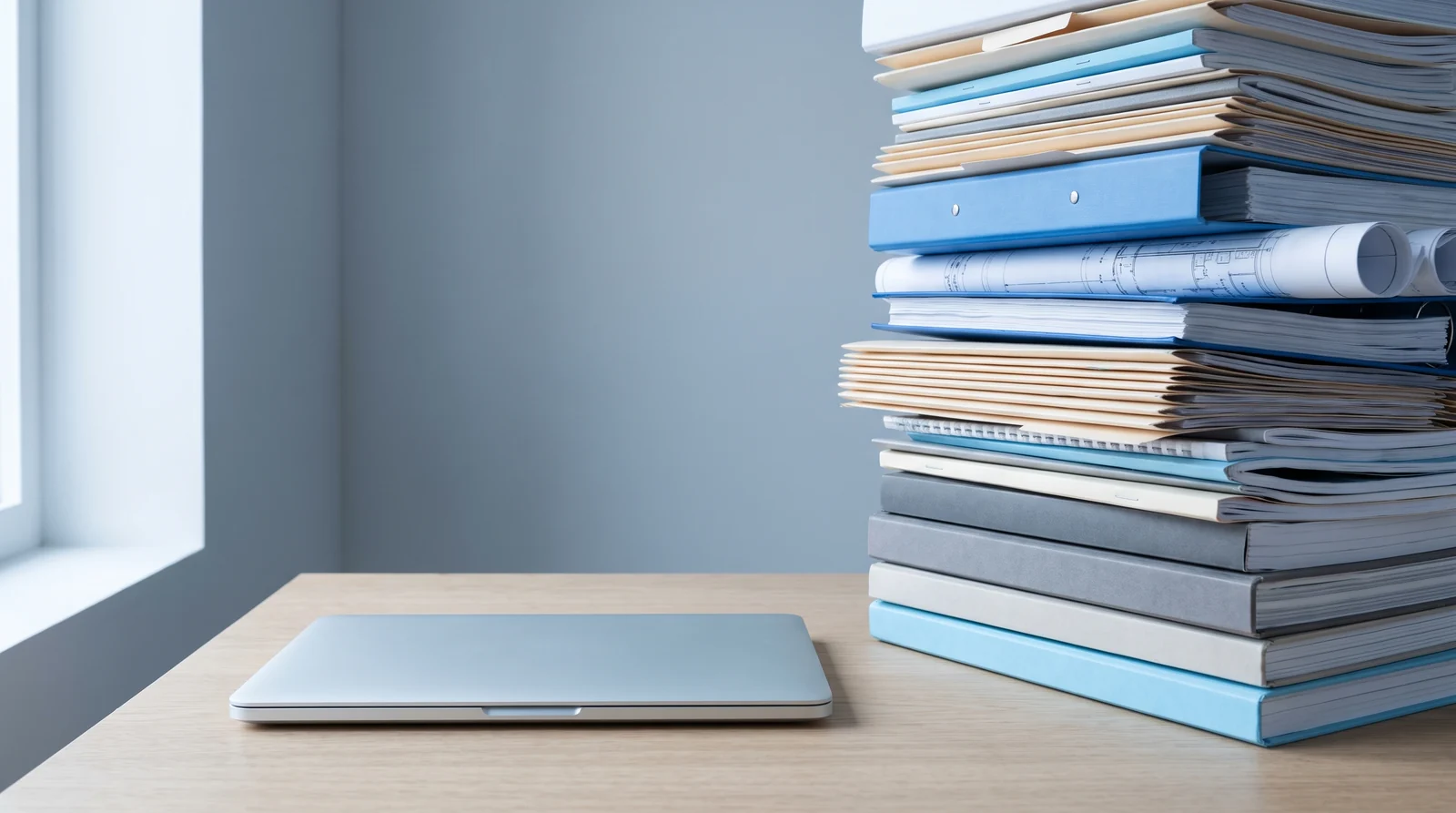 A small laptop dwarfed by a large stack of contracts, binders and folders on a desk.