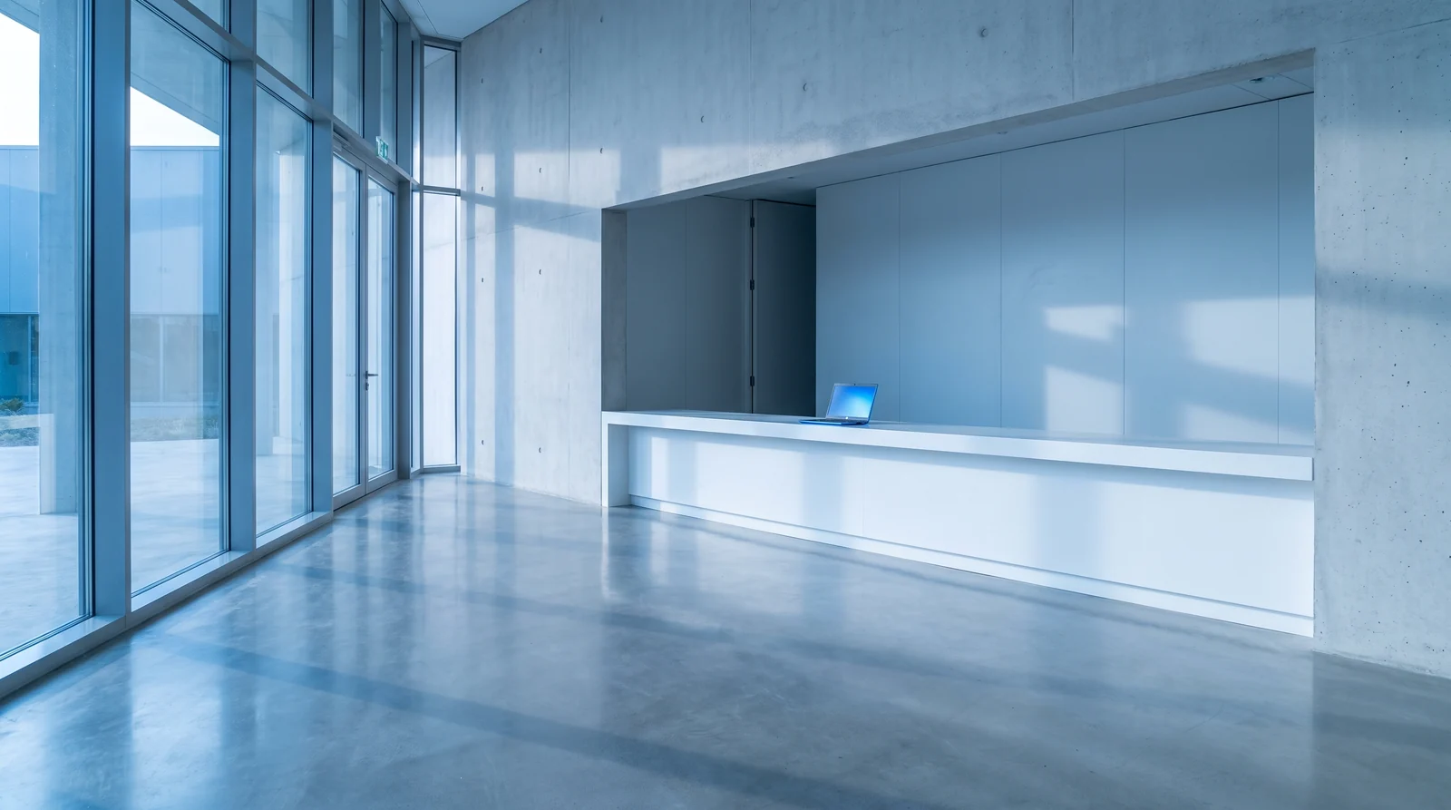 An empty modern reception with a single laptop on an otherwise bare desk, no staff and no equipment.