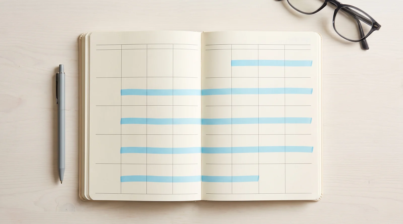 An open planner with several consecutive weeks blocked out in blue, showing a project spanning months.