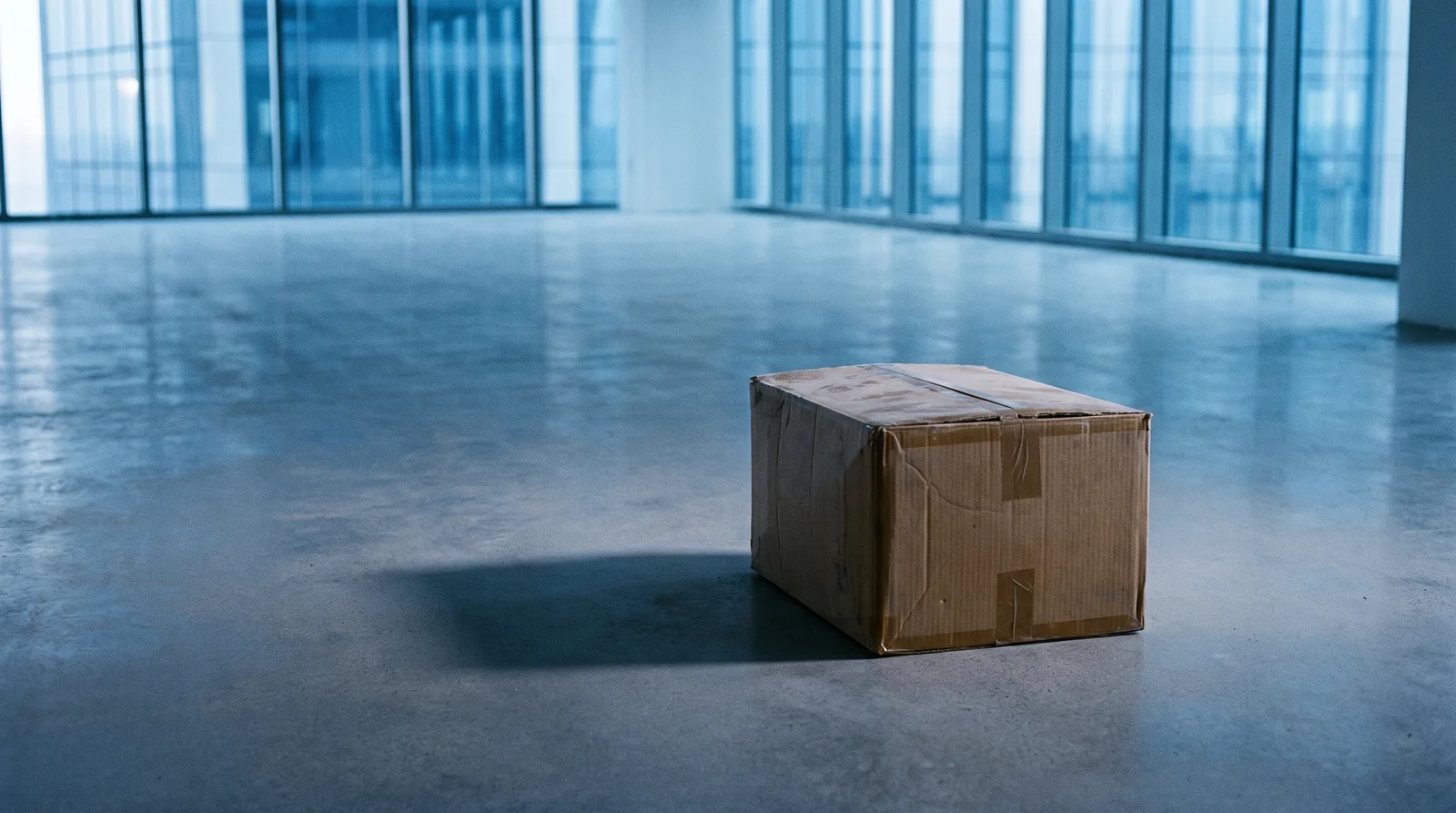 A single sealed cardboard box, never opened, alone on the floor of an empty office.